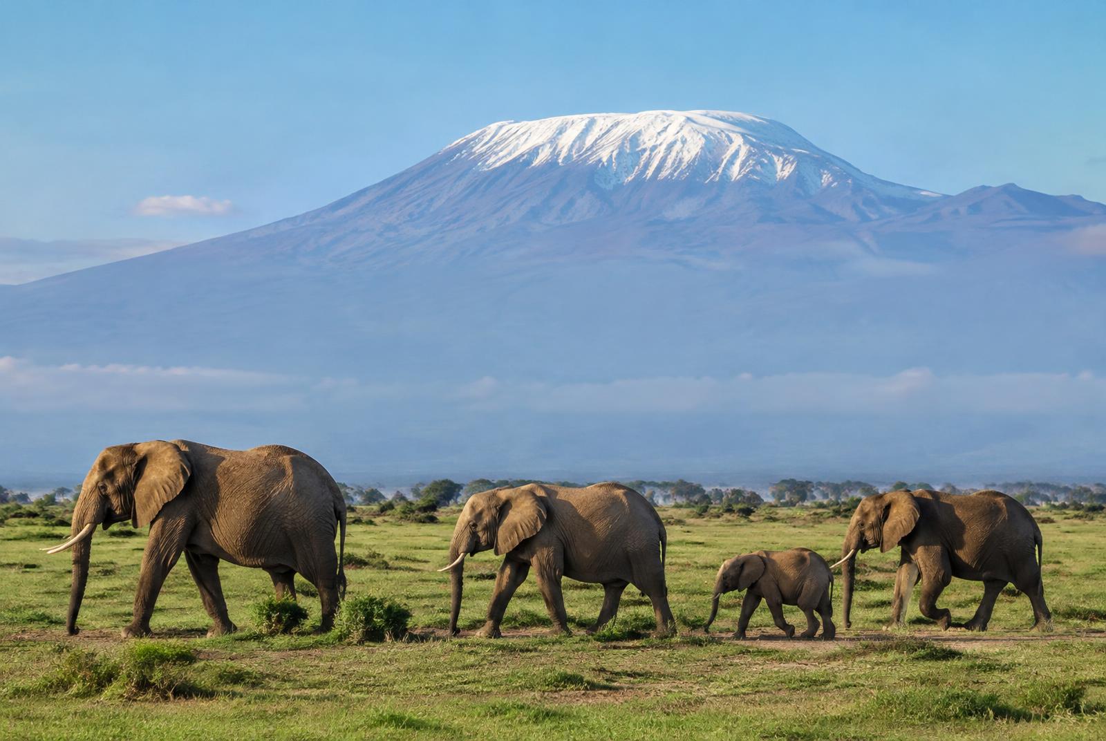 Elephants walking in Amboseli with Kilimanjaro behind