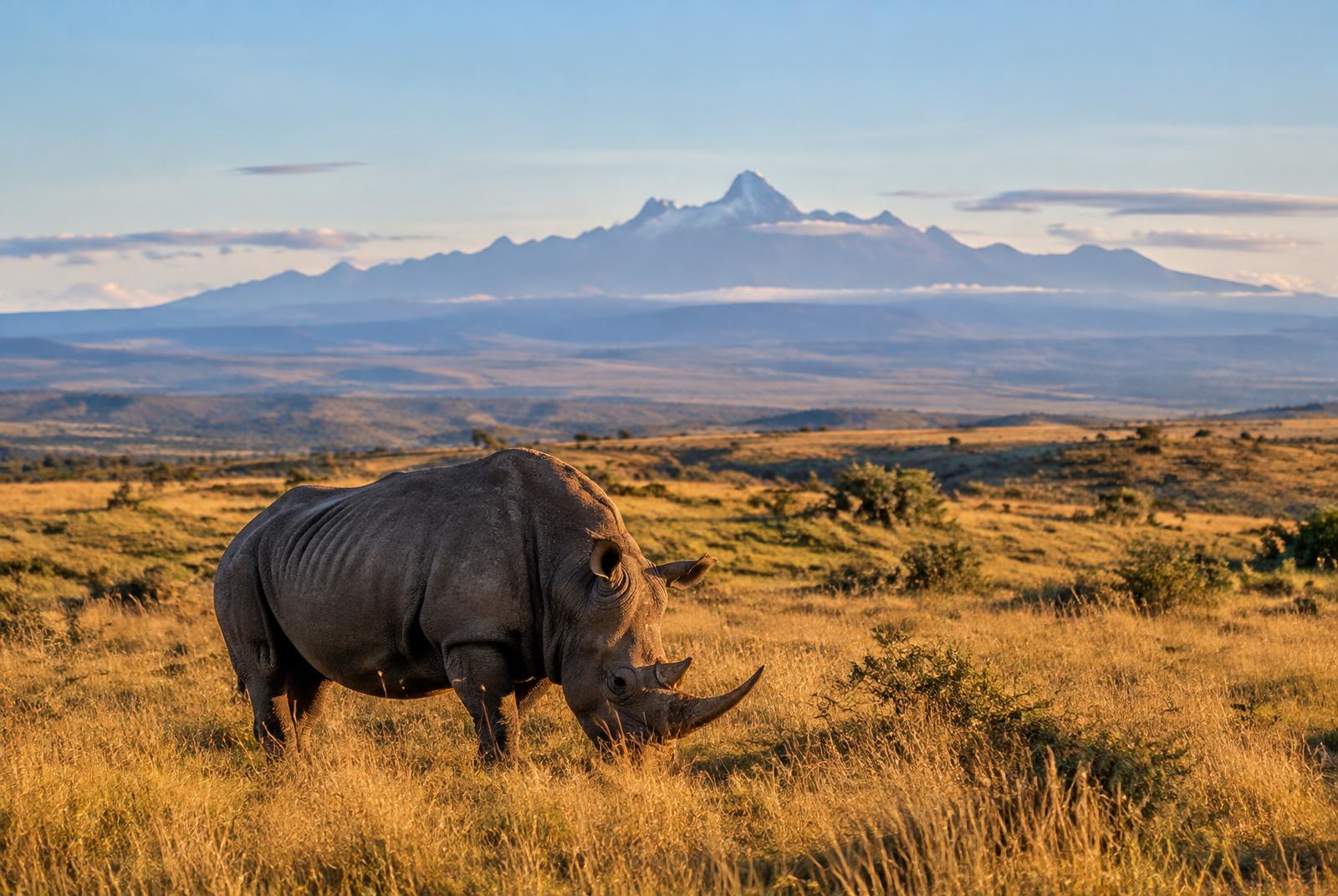 Rhino grazing beneath Mount Kenya